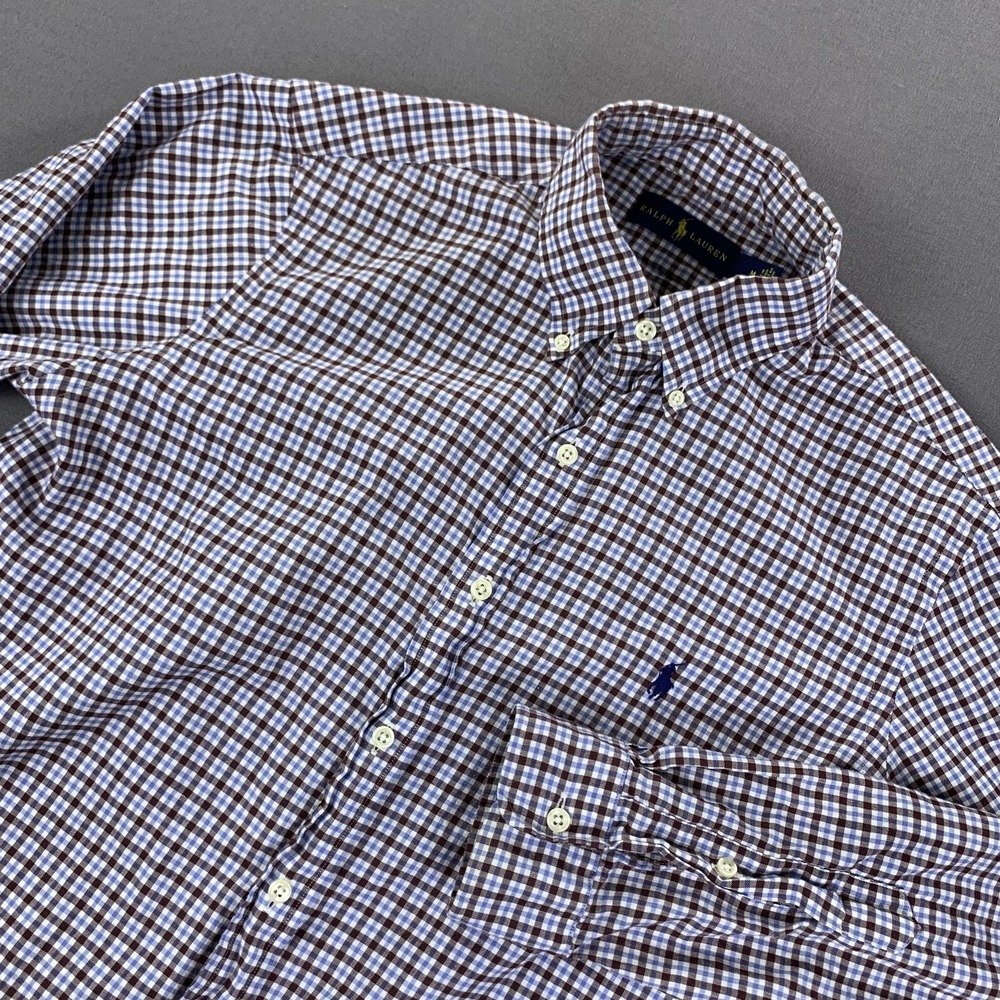 Ralph Lauren Shirt Mens MD Brown Blue Multi Mini Check Button Down Cotton Casual